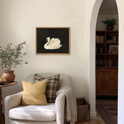 KBKBART Framed Canvas Wall Art for Living Room Bedroom Decor, Vintage Antique Swan Watercolor Canvas Painting, Rustic Bathroom Decor, Classical Swan Vintage Wall Art (9"x11")