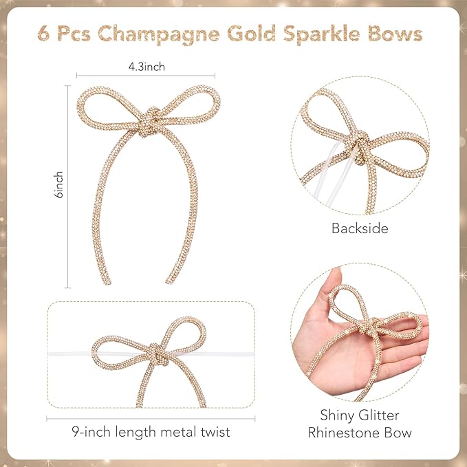 FLAIR GIFTS 6 Pcs 2025 Christmas Bows Ornaments, Champagne Gold Sparkly Glitter Rhinestone Bow Ornaments with Twist Tie for Xmas Tree Decoration, Wreath, Garland, Gift Wrapping