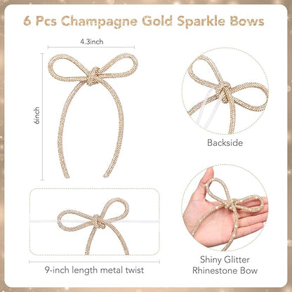 FLAIR GIFTS 6 Pcs 2025 Christmas Bows Ornaments, Champagne Gold Sparkly Glitter Rhinestone Bow Ornaments with Twist Tie for Xmas Tree Decoration, Wreath, Garland, Gift Wrapping