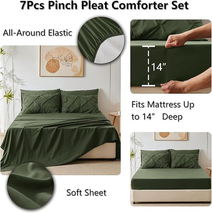 CozyLux Full Size Comforter Sets Olive Green, 7 Pieces Pintuck Bed in A Bag Green Comforter Full Size, Pinch Pleat Bedding Sets with All Season Comforter, Sheets, Pillowcases & Shams