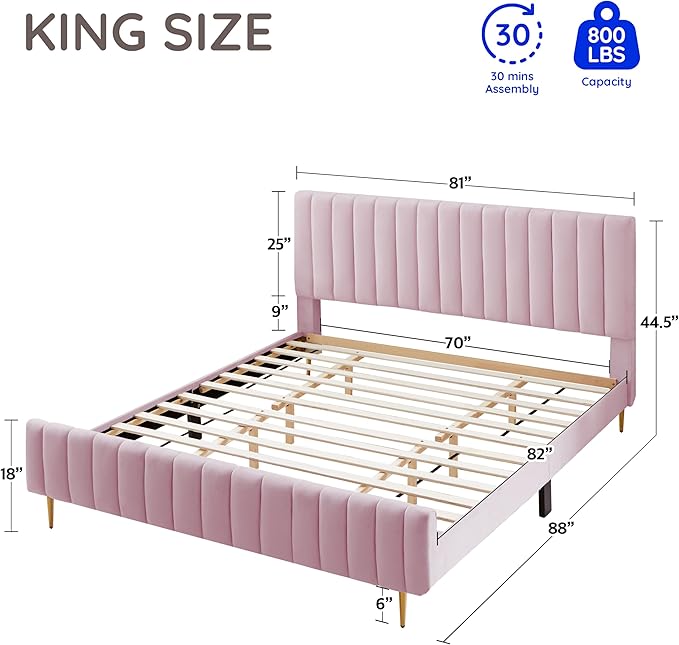Livinia King Size Elton Velvet Platform Bed, Upholstered Bed Frame with Vertical Channel Tufted Headboard Footboard, Strong Wood Slats, No Box Spring Needed, Pink (King)