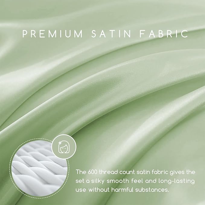 MR&HM Satin Bed Sheets with Elastic Corner Straps, Full Size Sheets Set, 4 Pcs Silky Bedding Set with 15 Inches Deep Pocket for Mattress (Full, Light Sage)