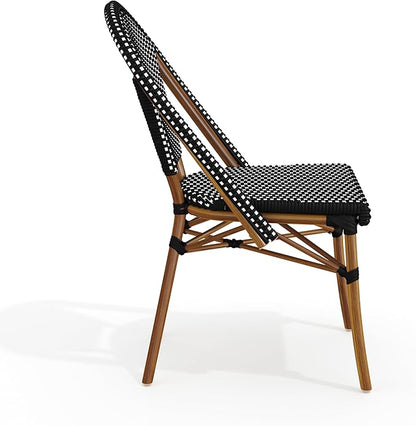 Martha Stewart Lily Pond Indoor-Outdoor Stackable Bistro Outdoor Chairs with Natural Woodgrain Aluminum Frame Finish, Black/White Woven Rattan Backrests/Seats, Set of 2