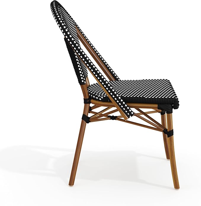 Martha Stewart Lily Pond Indoor Outdoor Stackable Aluminum Bistro Outdoor Chair with Natural Woodgrain Frame Finish and Black/White Woven Rattan Backrest and Seat