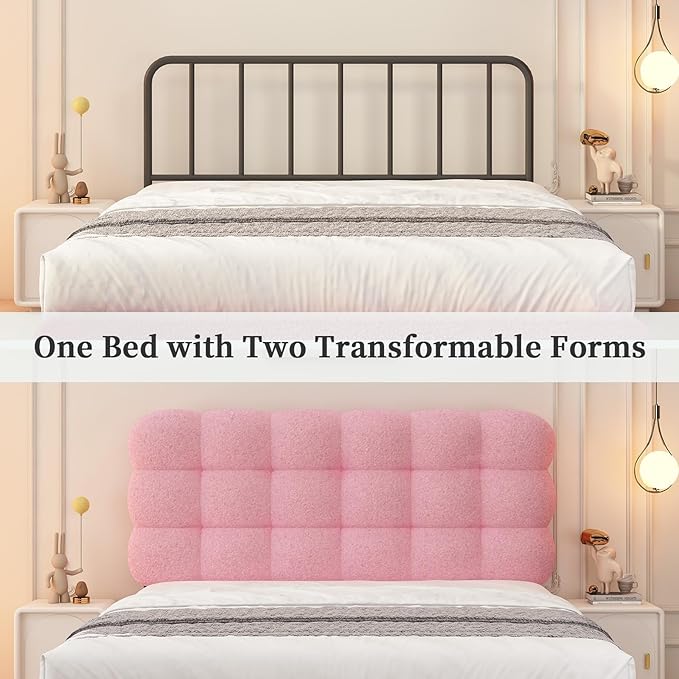 BarnFurin Full Size Bed Frame with Upholstered Headboard, Teddy Soft Boucle Fabric, Platform Bed with Strong Wooden Slats Support, Two Bed Forms Design, No Boxing Spring Needed, Easy Assembly, Pink