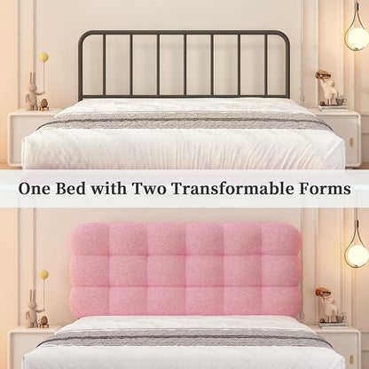 BarnFurin Full Size Bed Frame with Upholstered Headboard, Teddy Soft Boucle Fabric, Platform Bed with Strong Wooden Slats Support, Two Bed Forms Design, No Boxing Spring Needed, Easy Assembly, Pink