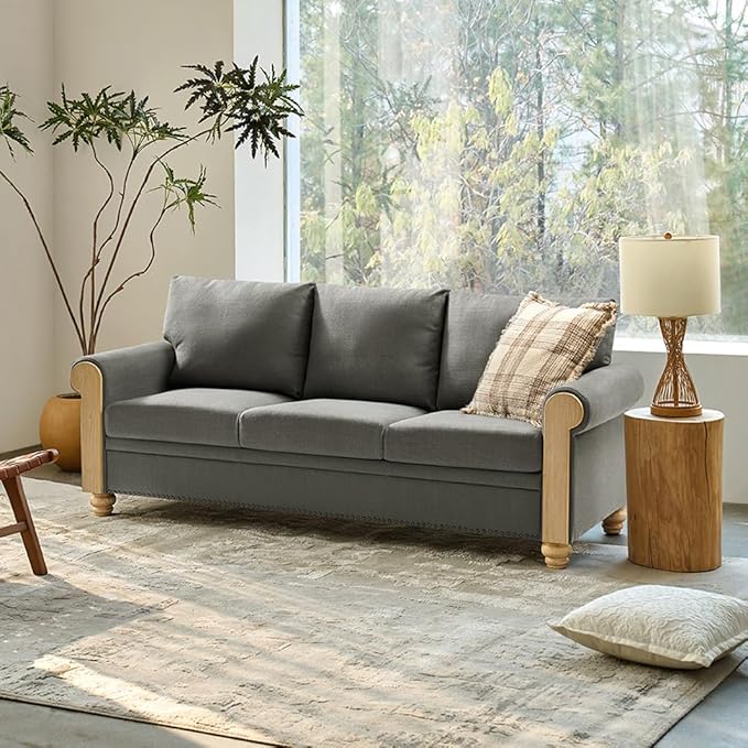 EcoHarbor Living 3-Seater Couch, Stripe 81" Mid-Century Modern Upholstered Sofa with Armrests, Stripe Couches for Living Room, Bedroom, Office, Apartment, Charcoal