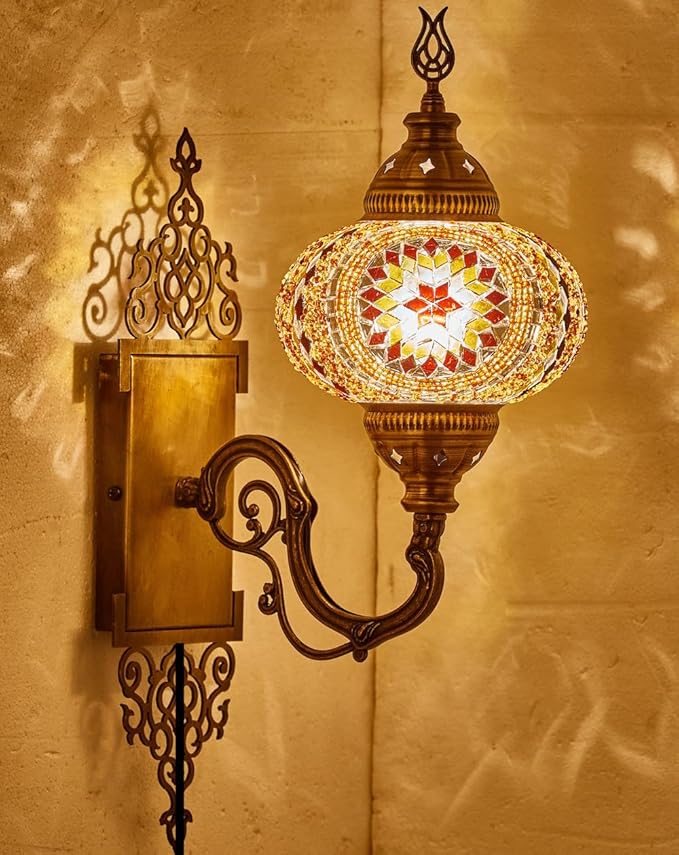 Turkish Moroccan Mosaic Plug-in Wall Sconce Lamp, Handmade Tiffany-Style Glass Globe, Ornate Brass Base, 5.2-ft Cord, Decorative Lighting for Living Room, Bedroom, Dining Room, 15x5 in, Brown & Amber