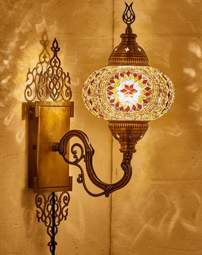 Turkish Moroccan Mosaic Plug-in Wall Sconce Lamp, Handmade Tiffany-Style Glass Globe, Ornate Brass Base, 5.2-ft Cord, Decorative Lighting for Living Room, Bedroom, Dining Room, 15x5 in, Brown & Amber