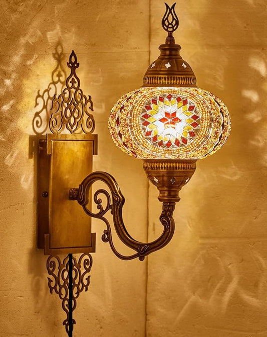 Turkish Moroccan Mosaic Plug-in Wall Sconce Lamp, Handmade Tiffany-Style Glass Globe, Ornate Brass Base, 5.2-ft Cord, Decorative Lighting for Living Room, Bedroom, Dining Room, 15x5 in, Brown & Amber