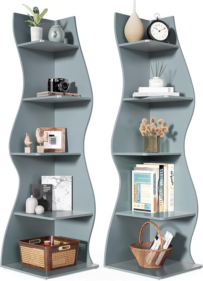 LITTLE TREE Small Corner Shelf, Modern 5-Tier Wall Corner Bookshelf, Stylish Bookcase Storage Rack for Small Space, Living Room, Bedroom, Blue, 2 Pack