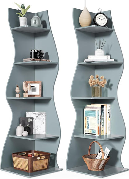 LITTLE TREE Small Corner Shelf, Modern 5-Tier Wall Corner Bookshelf, Stylish Bookcase Storage Rack for Small Space, Living Room, Bedroom, Blue, 2 Pack