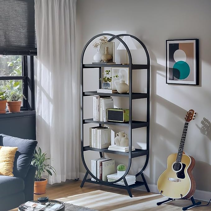 Arched Bookshelf,5-Tier Tall Wide Open Bookcase, Modern Storage Book Shelves, Freestanding Display Rack Shelving Unit for Office, Bedroom, Living Room, Easy Assembly, Black