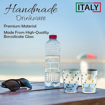 Gusto Buono 13.5oz Water Glasses, Set of 6 - Vibrant Multicolored Assorted Dots Design | Handcrafted, Heat-Resistant, Dishwasher & Microwave Safe | Stylish Glassware for Home, Parties & Gifts