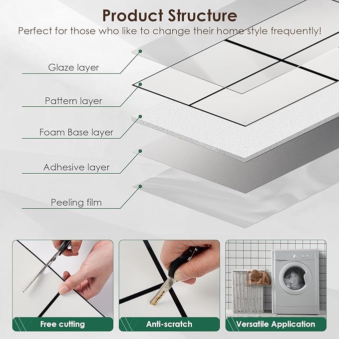 Peel and Stick Backsplash Tiles 20 Sheets 12''x12'' PVC Self Adhesive Wall Tiles Back Splash Wall Panels Stick on Backsplash for Kitchen Bathroom Laundry Room, White Checkered