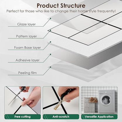 Peel and Stick Backsplash Tiles 20 Sheets 12''x12'' PVC Self Adhesive Wall Tiles Back Splash Wall Panels Stick on Backsplash for Kitchen Bathroom Laundry Room, White Checkered