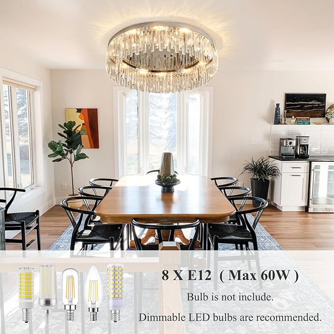 Modern Chandelier for Living Room, 24in Flush Mount Crystal Ceiling Light Fixture Chrome Large Raindrop Chandelier Lighting Fixture for Dining Room Living Room Bedroom Kitchen