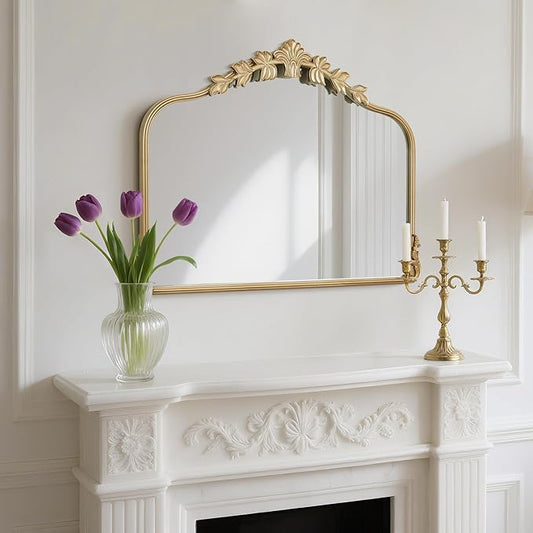 WallBeyond Gold Antique Mirror for Vanity 32x24 Inch, Gold Vintage Mirror with Ornate Frame, Arched Vintage Wall for Bathroom, Living Room, Fireplace