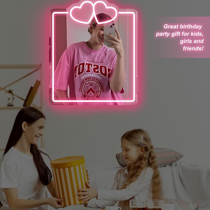 Heart Mirror Neon Sign, Beauty Salon Mirror Decor, Dorm Room, Valentine's Day Gifts,Gifts For Her, Vanity Wall Hallway Decor, Girls Room, Boho Mirror Wall Sign Art Gift