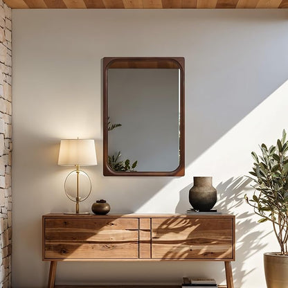 LuxenHome Rectangle Wall Mirror for Bathroom, 23.5"x35" Large Rubberwood Framed Wall Mounted Decorative Vanity Mirror for Living Room Bedroom Decor, Hanging Sculptures Accent for Entryway Home Decor