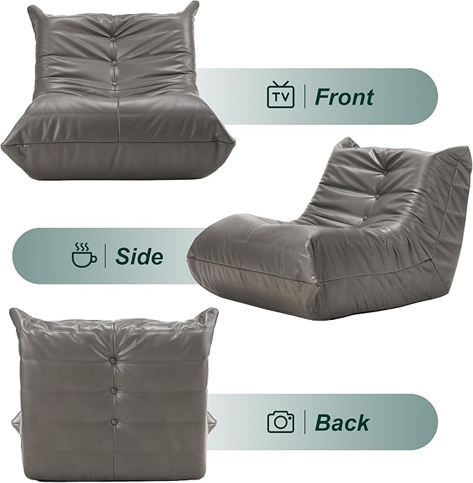 Hobestluk Giant Bean Bag Chair Lazy Floor Sofa, Fireside Sofa for Adults, Big Beanbag Faux Leather Armless Chair for Living Room Bedroom Dorm Office (Grey, Single)
