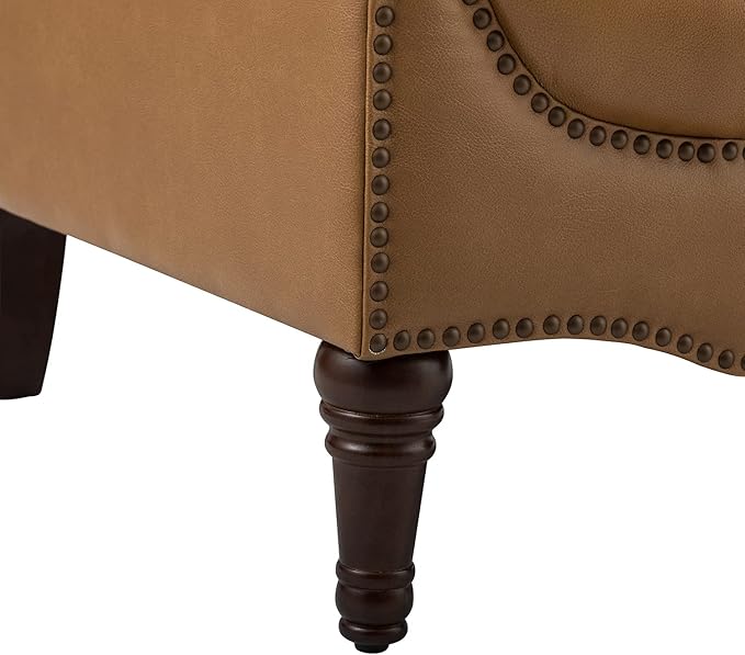 HULALA HOME Mid Century Modern Leather Club Chairs Set of 2, Top-Grain Genuine Leather Armchairs with Button-Tufted Back & Solid Wood Legs, Accent Chairs for Living Room/Bedroom/Home Office, Camel