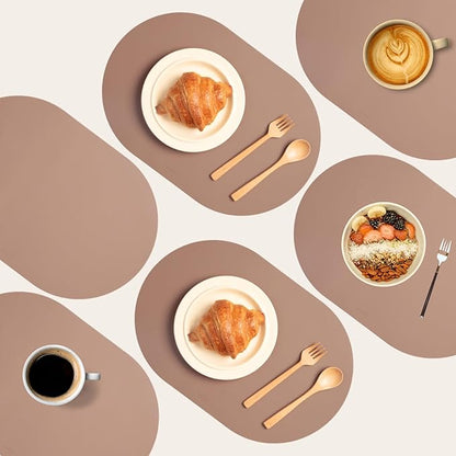 Clay Pink Oval Silicone Placemats Set of 6 – Heat Resistant, Waterproof, Easy to Clean Non-Slip Modern Dining Table Mats – Premium Leather Textured Japandi Kitchen Decor