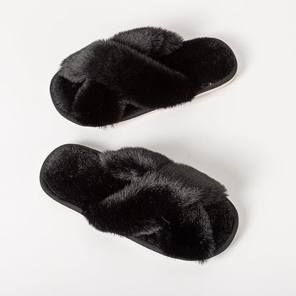 Women's Slipper Memory Foam Cross Band Fuzzy Slippers Open Toe Cozy House Slippers Cozy Plush Bedroom Indoor Outdoor