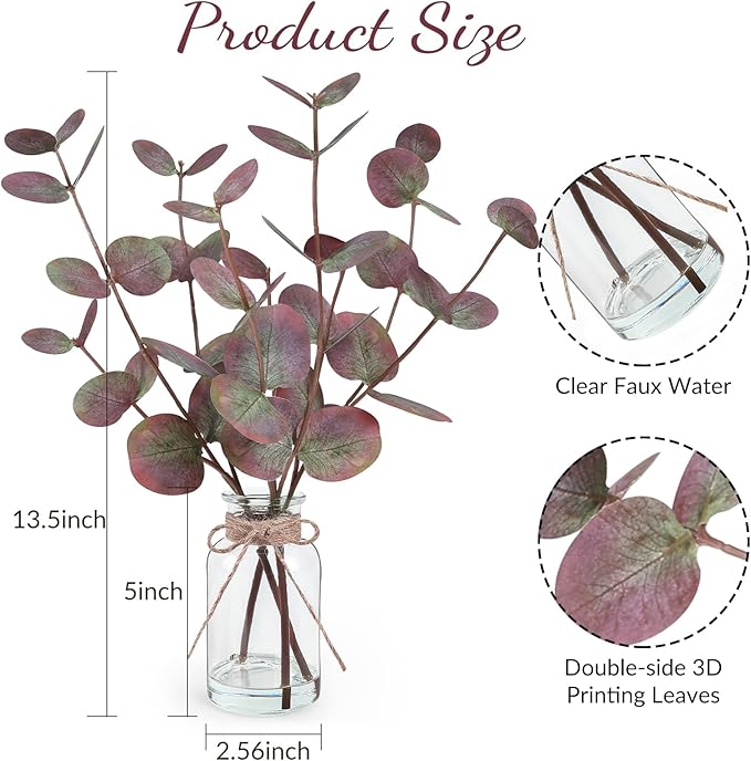 Artificial Eucalyptus Stems in Glass Vase with Faux Water, 14" Fake Plants for Home Decor Centerpieces, Office, Bathroom & Farmhouse Weddings - Faux Plants Decorations