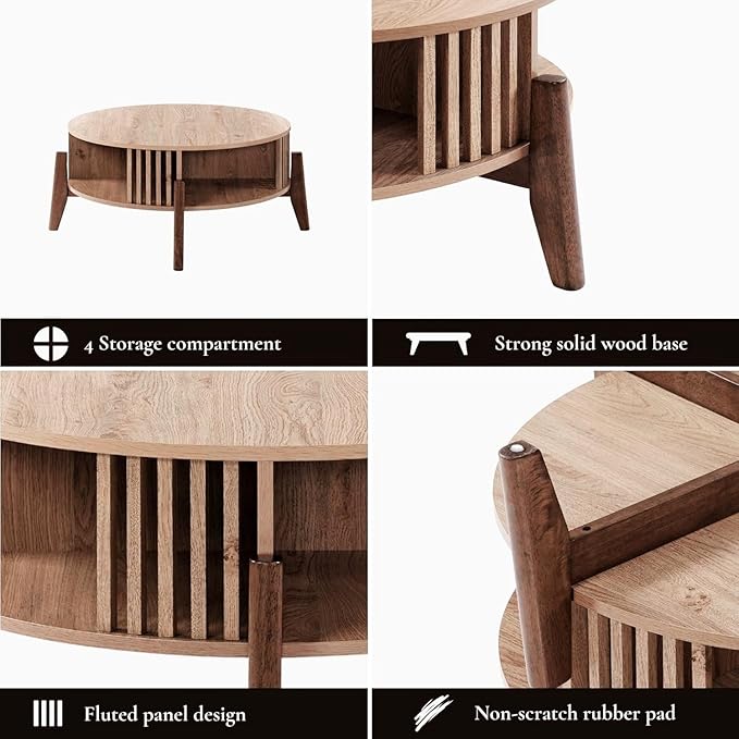 LuxenHome Round Coffee Table with Storage, 31.5" Oak Finish Wood Accent Tables with Wood Legs, Boho Center Table for Living Room, Wooden Circle Coffee Table with Open Storage for Home Office