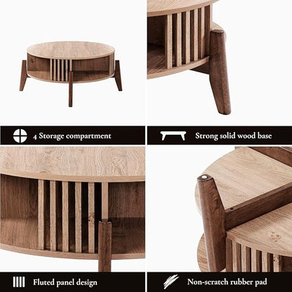 LuxenHome Round Coffee Table with Storage, 31.5" Oak Finish Wood Accent Tables with Wood Legs, Boho Center Table for Living Room, Wooden Circle Coffee Table with Open Storage for Home Office