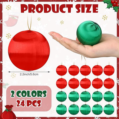 Syhood 24 Pcs Christmas Satin Balls Christmas Silk Ball Ornaments Satin Silk Xmas Tree Hanging for Xmas Tree Decor Holiday Party Decorations (Red,Green,2.2 Inch)