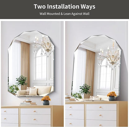 KOCUUY 30"x40" Frameless Wall Mirror, Arched Shape with Diamond-Shaped Beveled Edge,Unframed Decorative with Upgraded Shatterproof Glass,Unique Frameless Mirror for Bathroom,Living Room,Bedroom