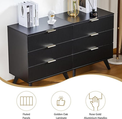Fluted 3 Drawer Dressers, Modern Closet Dressers Chest of Drawers, Wood Storage Dresser Chest of Drawers Organizer for Bedroom Living Room Hallway Closet,Black, 2 Sets