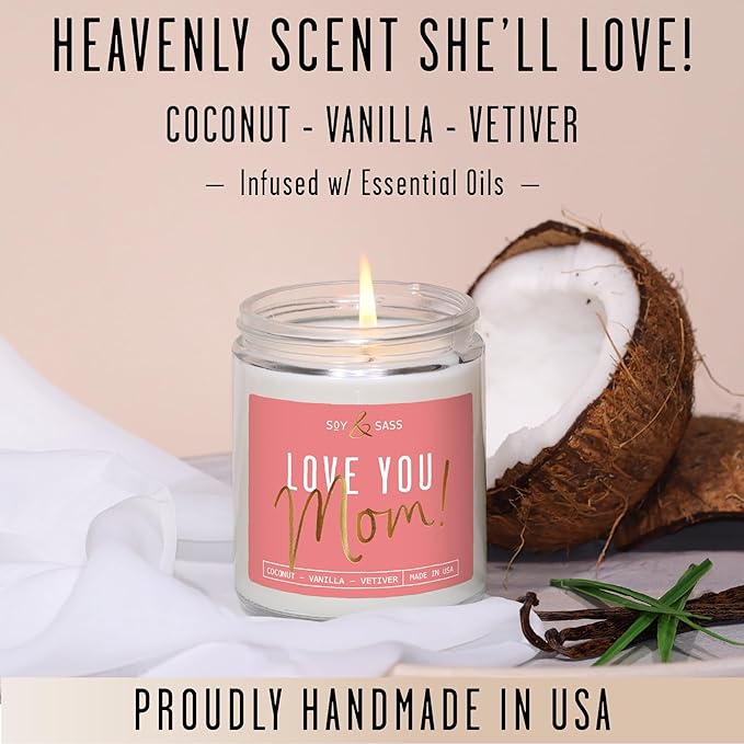 Gifts for Mom, Mom Birthday Gifts, Mothers Day Gifts for Mom - 'Love Mom' Soy Candle, w/Coconut & Vanilla I Birthday Gifts for Mom Gifts from Daugher or Son I 50Hr Burn, USA Made