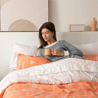 Bedsure King Comforter Set - Coral Orange Bed Set, 3 Pieces Cute Floral Bedding, 1 Soft Reversible Botanical Flowers Comforter and 2 Pillow Shams