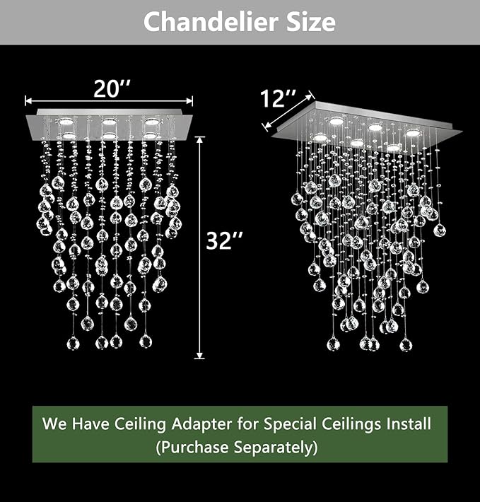 Glam Crystal Chandelier with Bulb Rain Drop Pendants Ceiling Light LED Lighting Rectangular Dining Room Light Fixture Dimmable LED Light