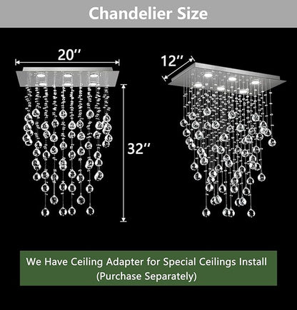 Glam Crystal Chandelier with Bulb Rain Drop Pendants Ceiling Light LED Lighting Rectangular Dining Room Light Fixture Dimmable LED Light