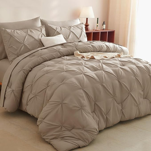 CozyLux King Size Comforter Set Khaki, 7 Pieces Pintuck Bed in A Bag Khaki Comforter King Size, Pinch Pleat Bedding Set with All Season Comforter, Sheets, Pillowcases & Shams