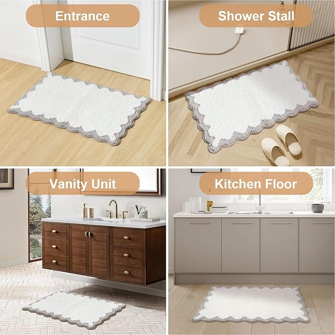ORTIGIA Cute Scalloped Bath Mat Grey Bathroom Rugs Non Slip Washable, Quick Dry Absorbent Plush Microfiber White & Gray Bathmat for Bathtub Shower, Floor for Sink Bedroom, 20x32