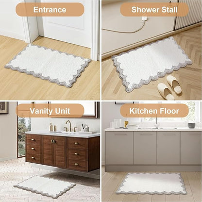 ORTIGIA Cute Scalloped Bath Mat Grey Bathroom Rugs Non Slip Washable, Quick Dry Absorbent Plush Microfiber White & Gray Bathmat for Bathtub Shower, Floor for Sink Bedroom, 20x32