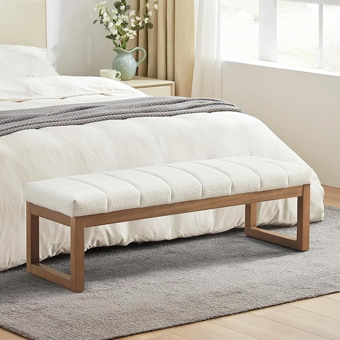 52.7" Bedroom Bench for End of Bed, Modern Upholstered Teddy Fabric Entryway Bench & Dining Bench, Footrest Stool Bench with Solid Wood Frame for Bedroom, Living Room (Beige)
