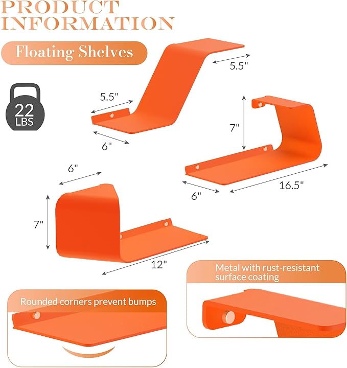 Floating Wall Shelves Set of 3, Metal Mounted Shelf with Unique Design, Bookshelf for Storage & Display in Bathroom, Bedroom, Kitchen, Living Room, Orange Home Decor