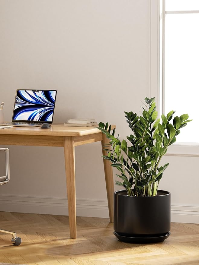 LE TAUCI 12 Inch Pots for Plants, Ceramic Plant Pots with Drainage Holes and Saucers, Elegant and Durable Large Plant Pot, Perfect for Home & Office Decor, Black