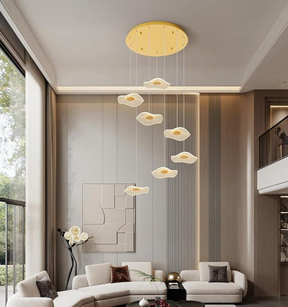 ziidoo High Ceiling Chandelier - 7-Light Dimmable Modern Gold Long Spiral Luxury Linear Lotus Leaf Led Lamp Hanging Pendant Lights for Foyer Enterway Staircase Villas