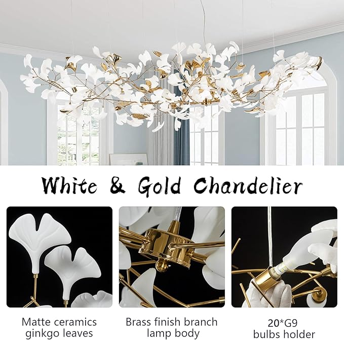 L98.42 Large Modern Chandelier for Entryway, 20-Light Gold Tree Branch Chandeliers, Luxury Ceramic Ginkgo Ceiling Light Fixtures, Hanging Brass Chandelier for Dining Room, Living Room