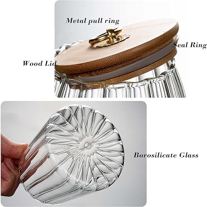 FANTESTICRYAN Small Glass Coffee Nuts Canister Airtight Storage Jar Petal Decorative Container with Bamboo Lid Metal Handle Easy to Grasp 700ml, 23 FL OZ (Set of 2)