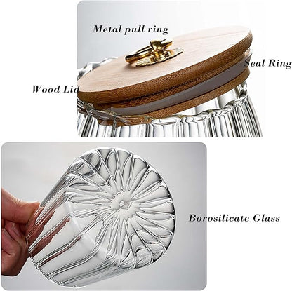 FANTESTICRYAN Small Glass Coffee Nuts Canister Airtight Storage Jar Petal Decorative Container with Bamboo Lid Metal Handle Easy to Grasp 700ml, 23 FL OZ (Set of 2)