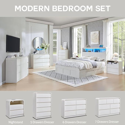 Modern 5 Drawers Dresser for Bedroom, 45" Tall Dressers & Chests of Drawers w/Curved Profile Design, Wood Mid Century Vertical Dresser w/Natural Texture for Bedroom, Living Room, Antique White