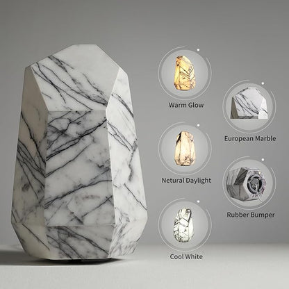 Handcrafted Real Marble Table Lamp, Stone Lamp with Tri-Color Dimmable LED, Bedside Lamp, Small Table Lamp for Home Decor, Table Lamp for Bedroom Living Room, Multifacet